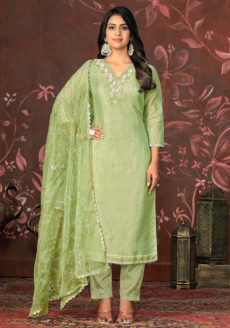 Olive Embroidered Blended Straight Kurta Set - Indya