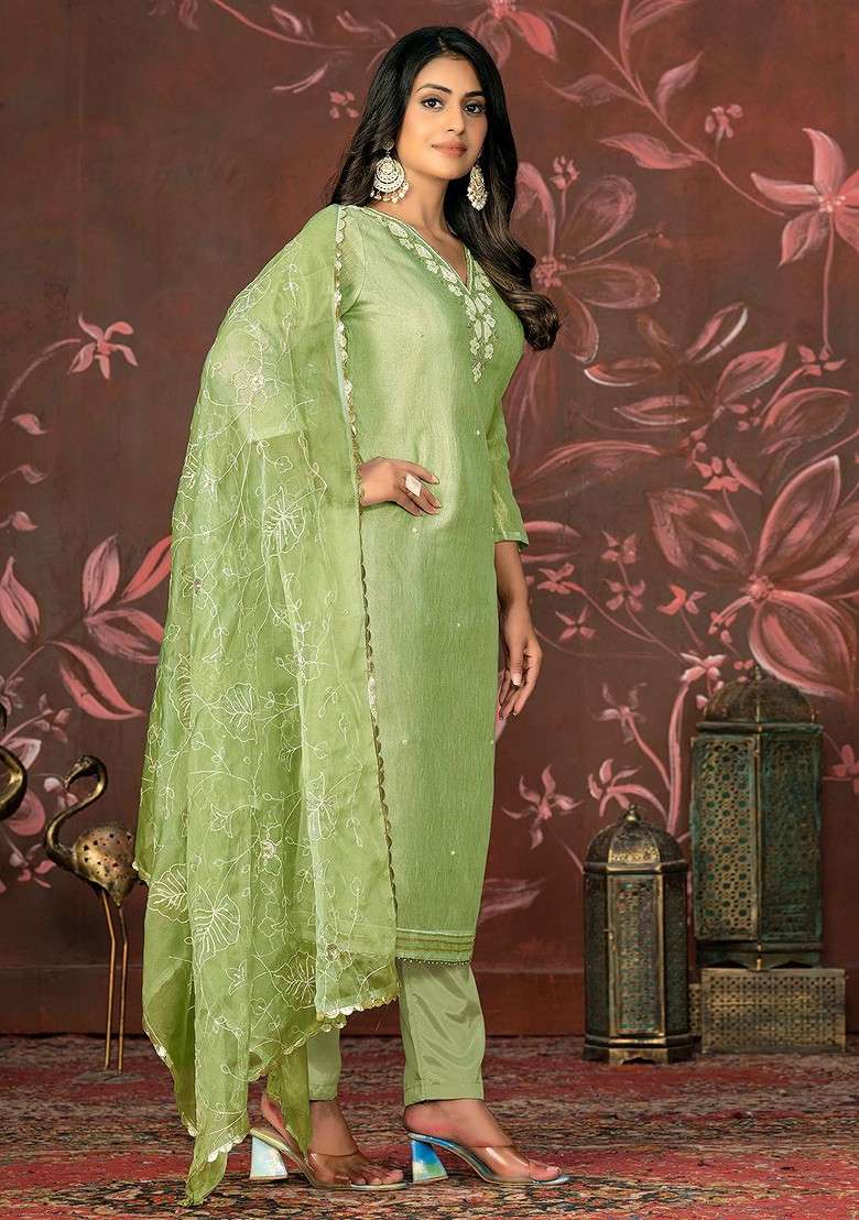 Olive Embroidered Blended Straight Kurta Set - Indya
