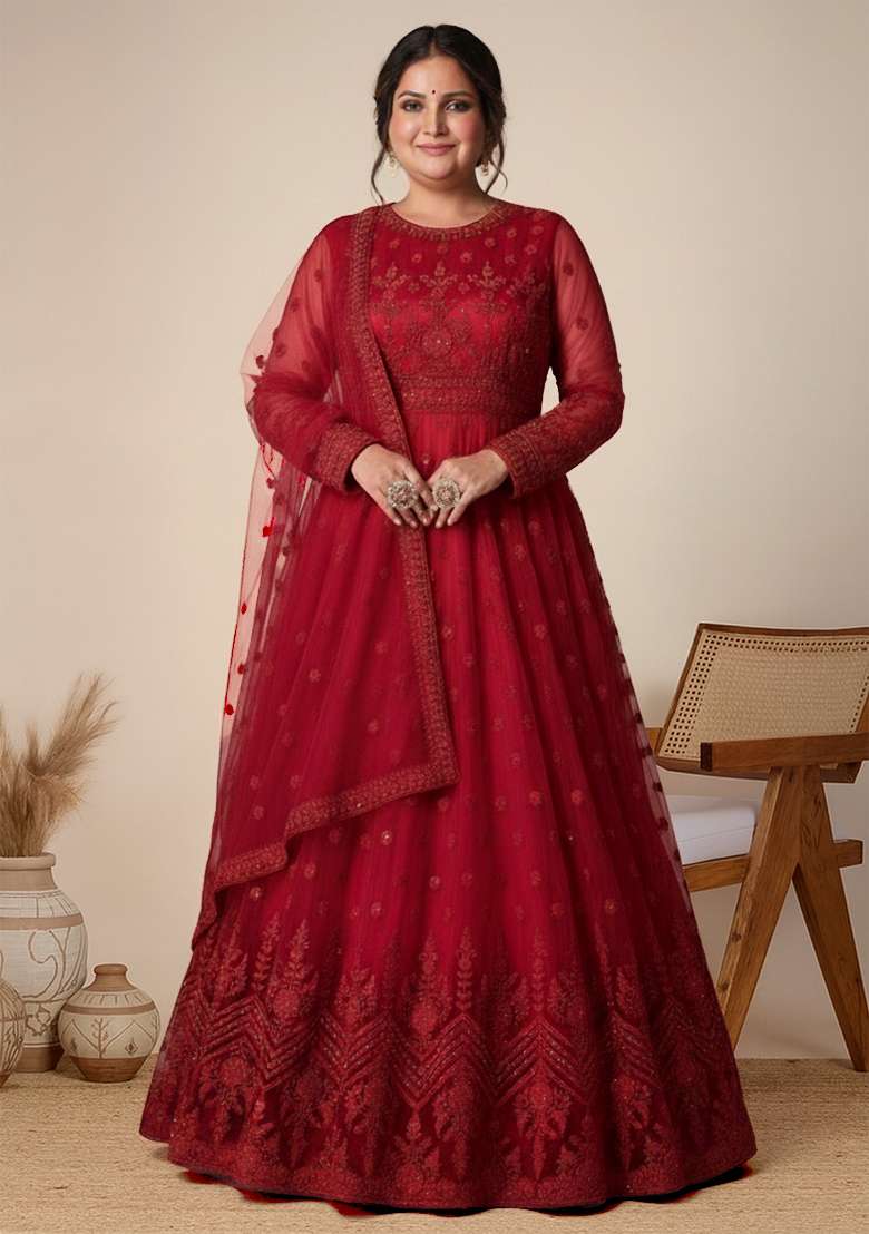 Red Embroidered Net Kurta Set - Indya