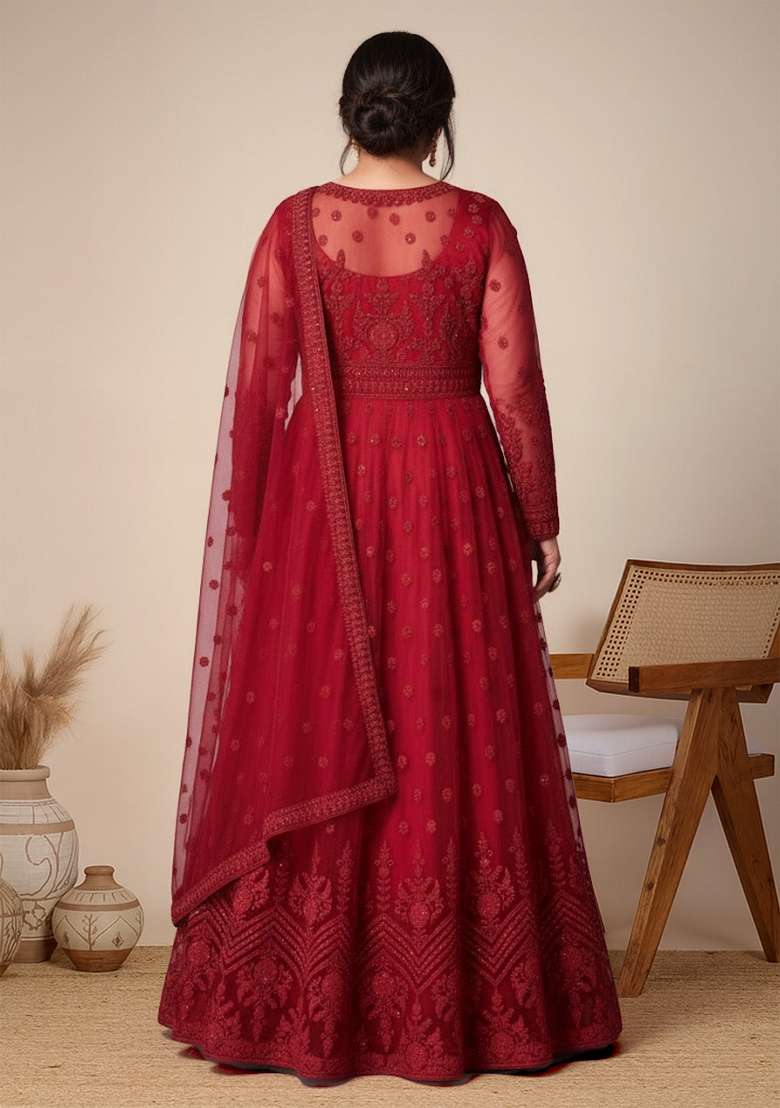 Red Embroidered Net Kurta Set - Indya