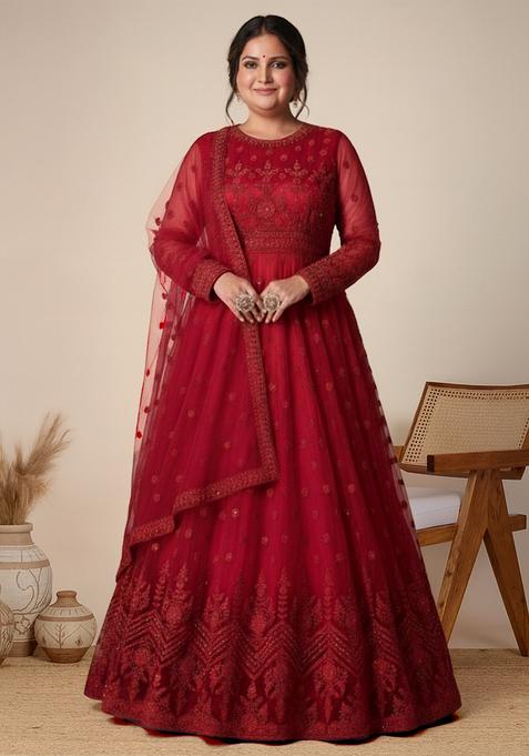 Red Embroidered Net Kurta Set