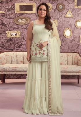 Cream Embroidered Georgette Sharara Set