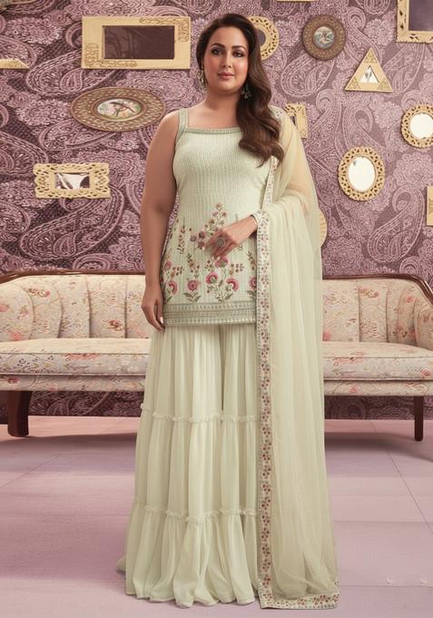 Cream Embroidered Georgette Kurta Set