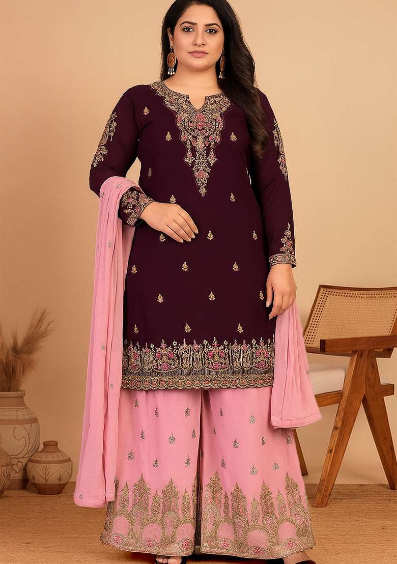Purple Embroidered Georgette Kurta Set - Indya