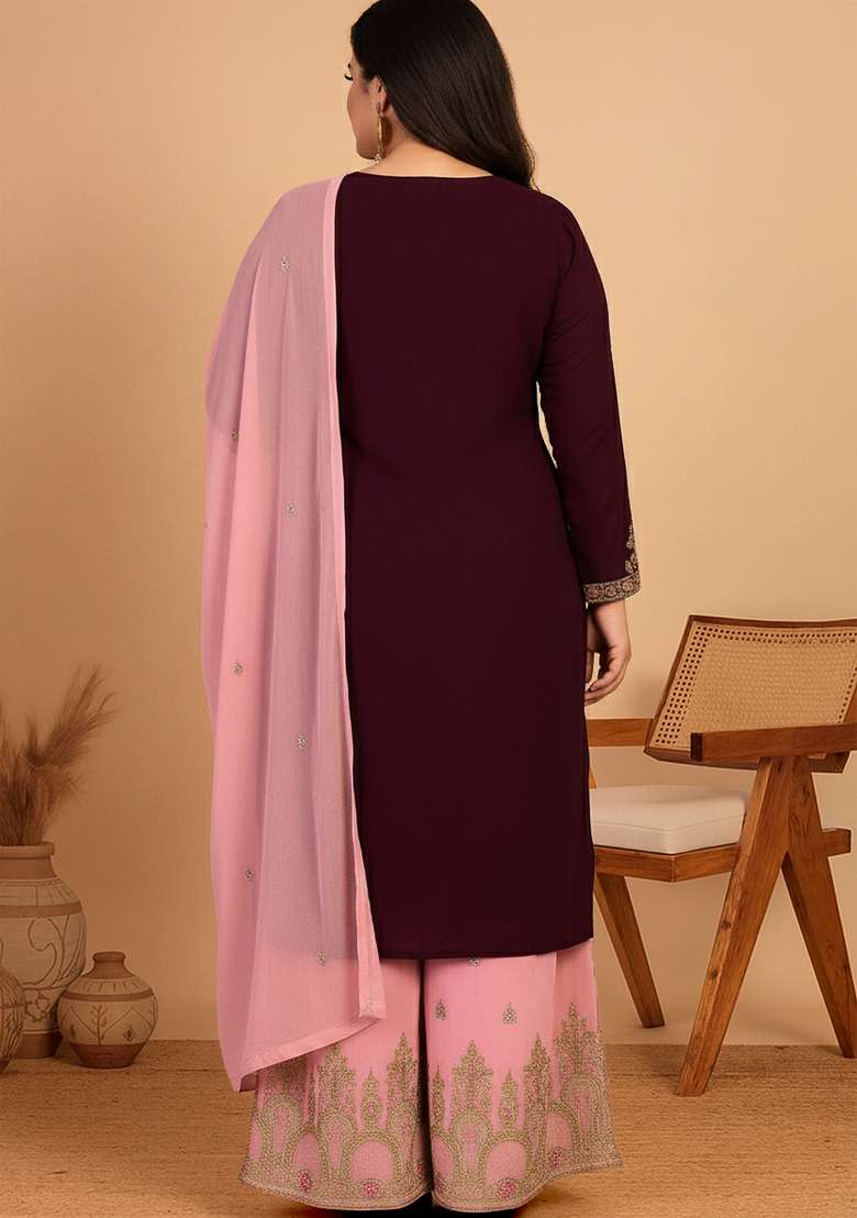Purple Embroidered Georgette Kurta Set - Indya