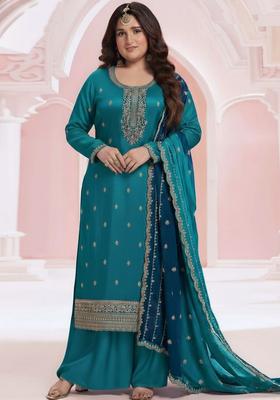 Teal Embroidered Silk Straight Kurta Set
