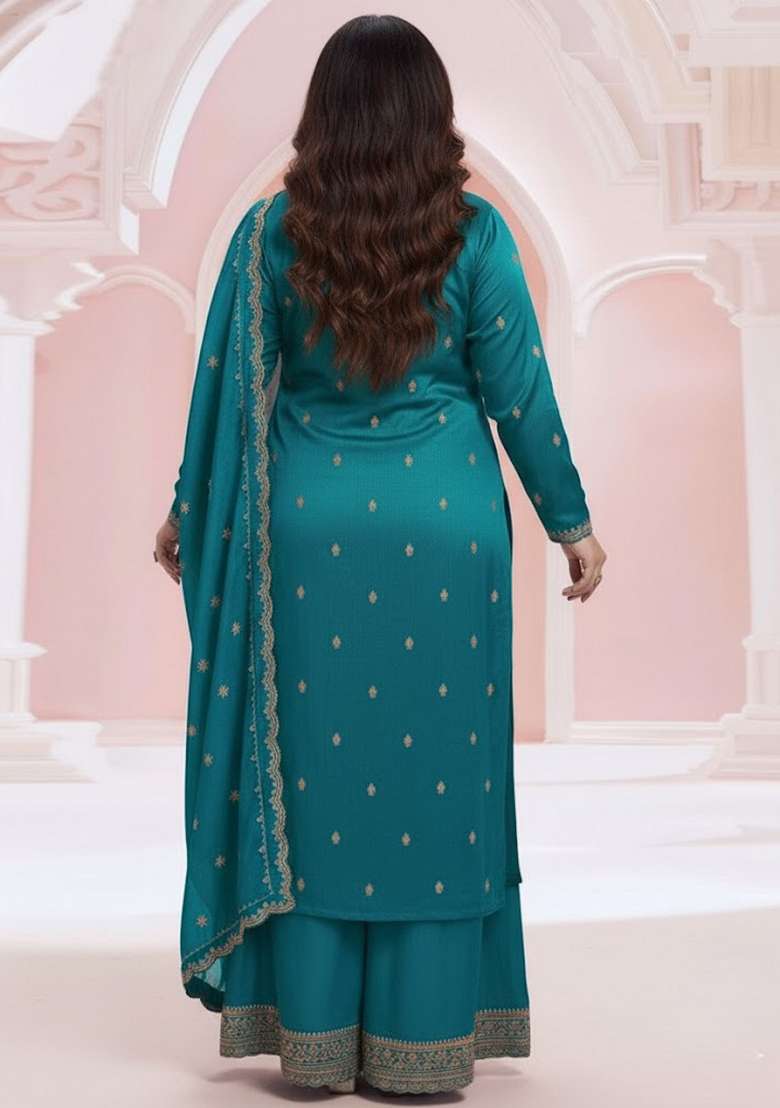 Teal Embroidered Silk Straight Kurta Set - Indya