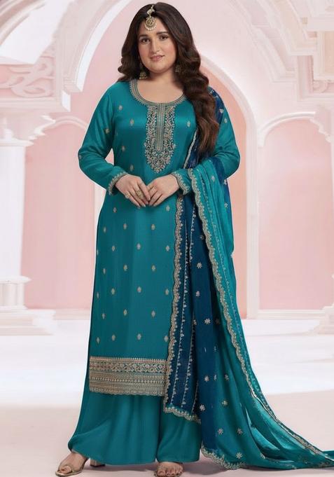 Teal Zari Silk Kurta Set