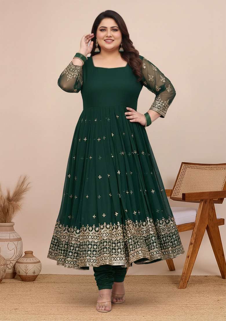 Green Embroidered Georgette Kurta Set - Indya