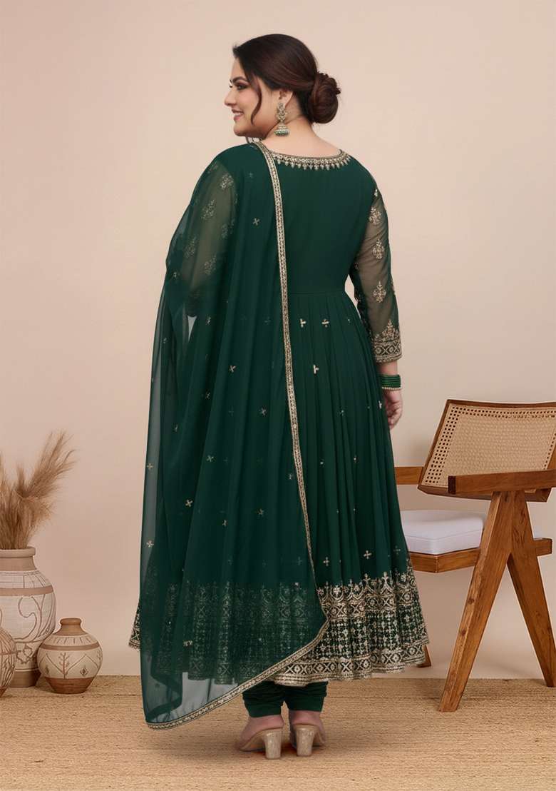 Green Embroidered Georgette Kurta Set - Indya