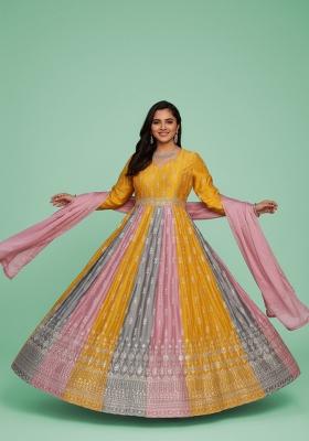 Multicolor Printed Silk Anarkali Set