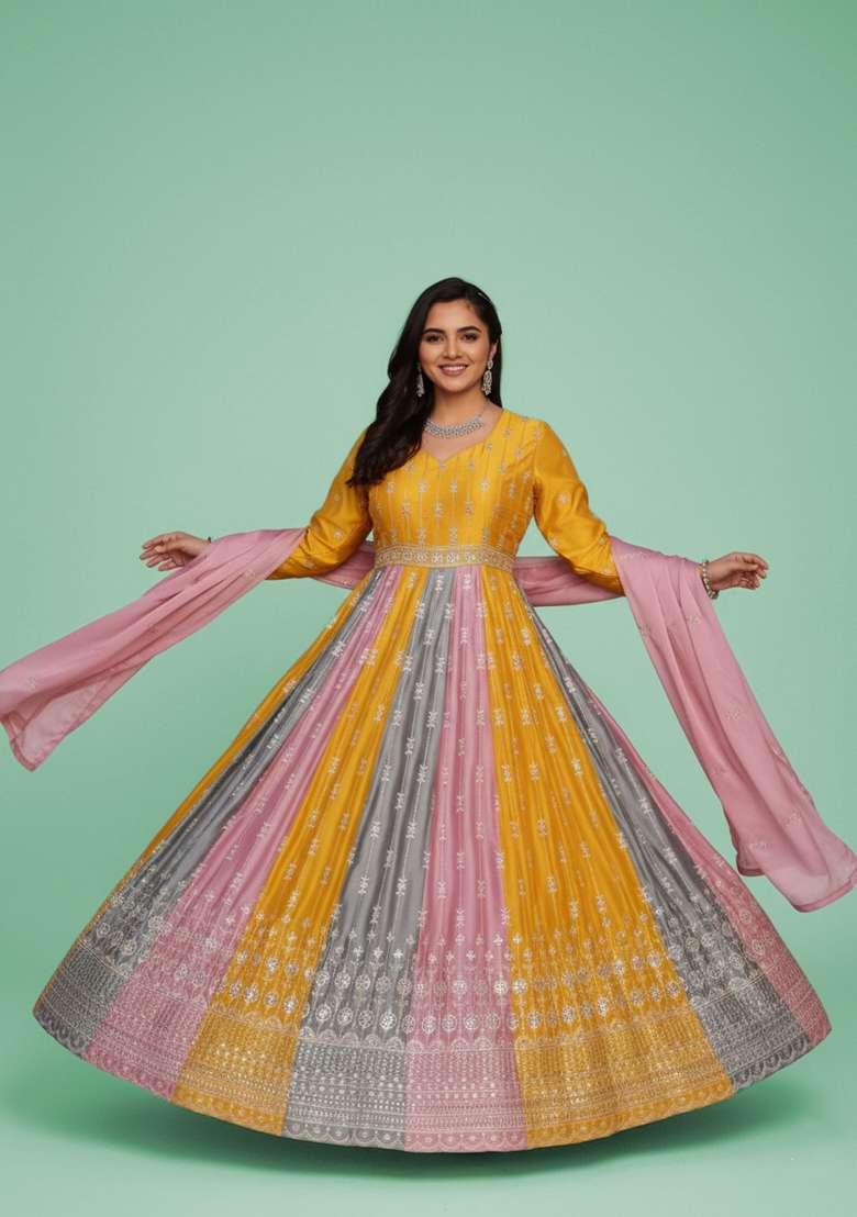 Multicolor Printed Silk Blend Anarkali Set - Indya