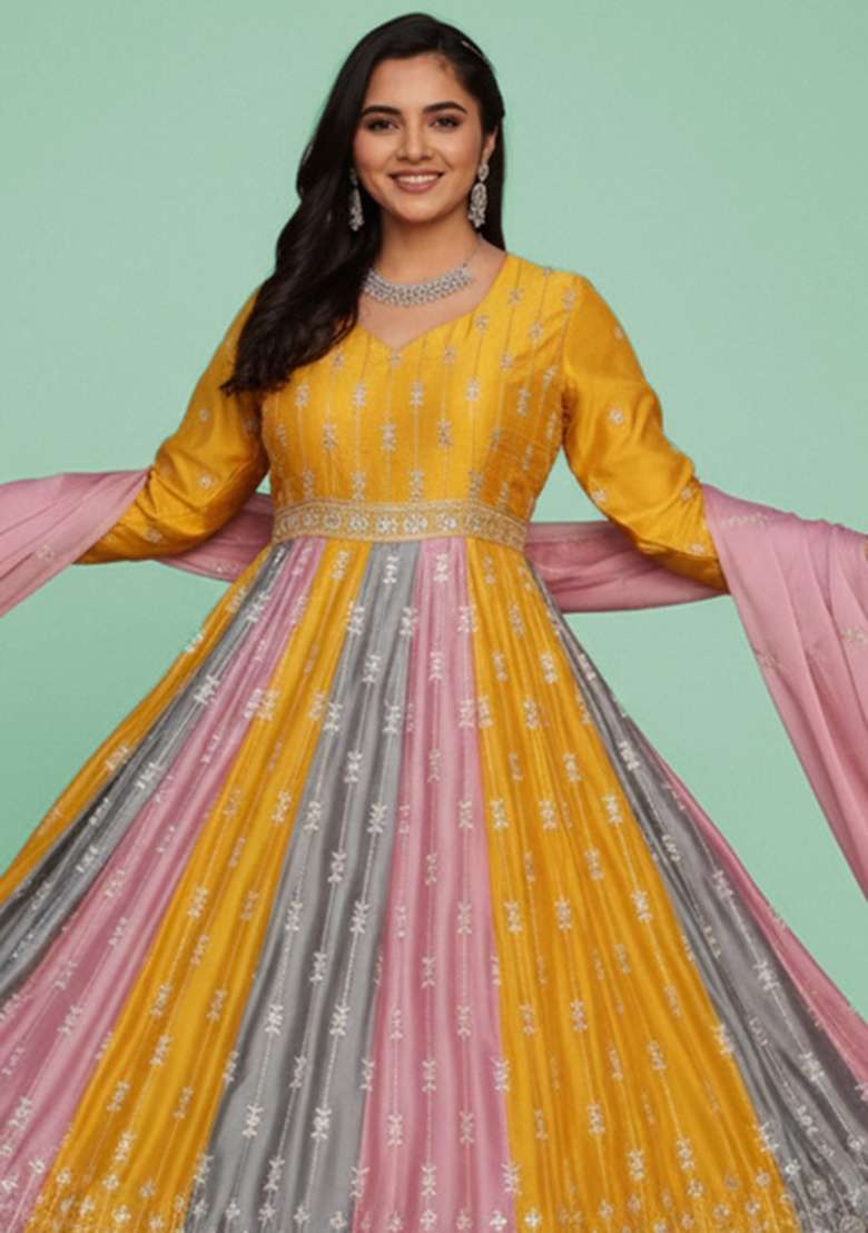 Multicolor Printed Silk Blend Anarkali Set - Indya