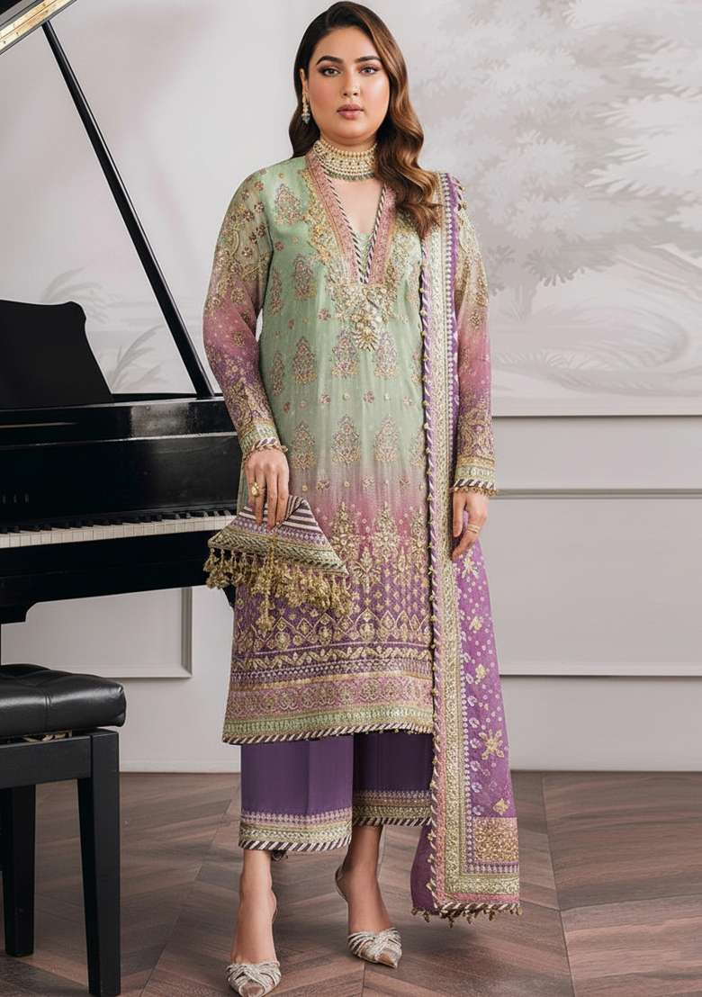 Green Embroidered Faux Blooming Pakistani Suit Set - Indya