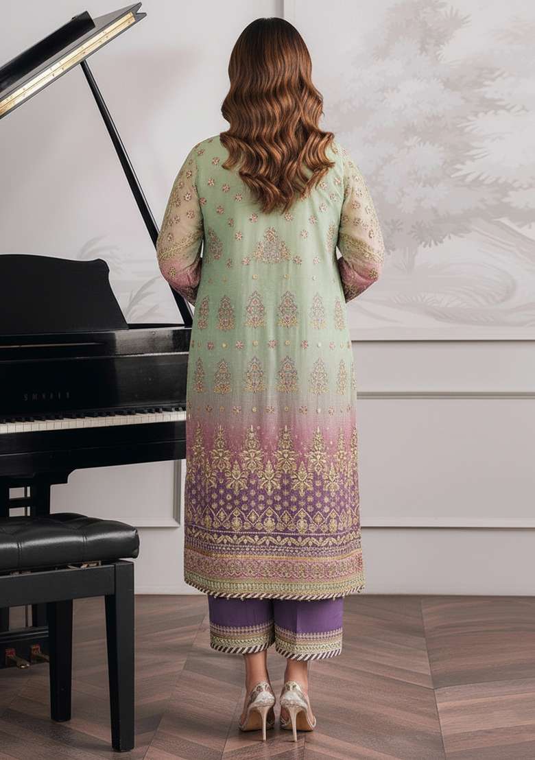 Green Embroidered Faux Blooming Pakistani Suit Set - Indya