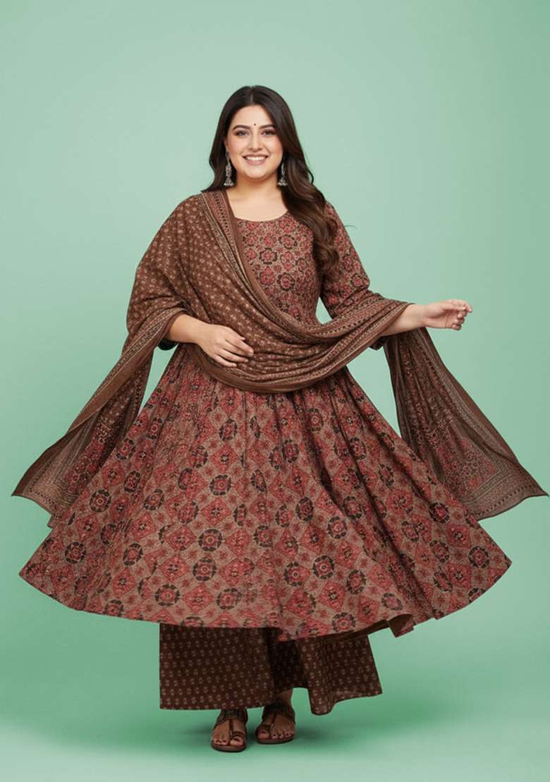 Brown Printed Silk Anarkali Set - Indya
