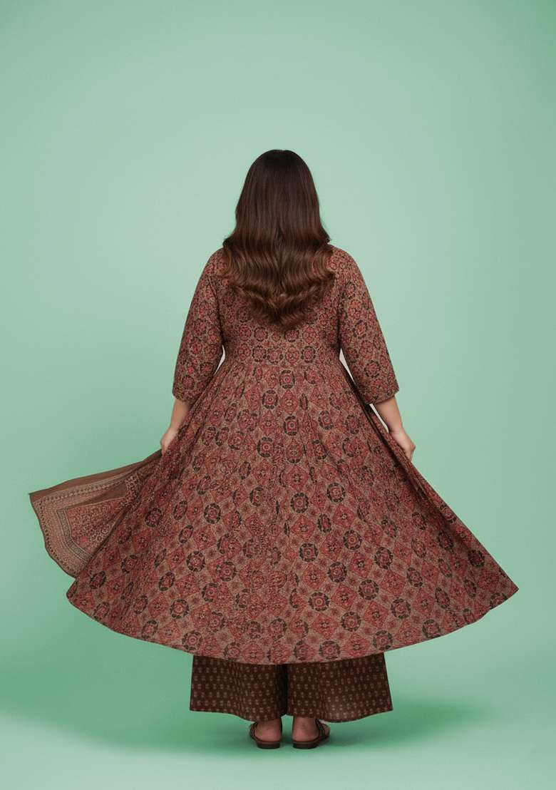 Brown Printed Silk Anarkali Set - Indya