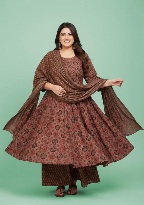Brown Printed Silk Kurta Set