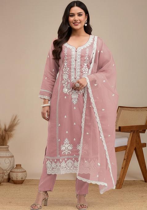Peach Embroidered Cotton Kurta Set