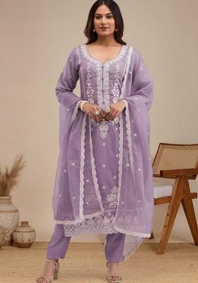 Violet Embroidered Cotton Straight Kurta Set