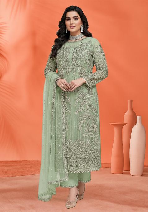 Pista Embroidered Organza Kurta Set