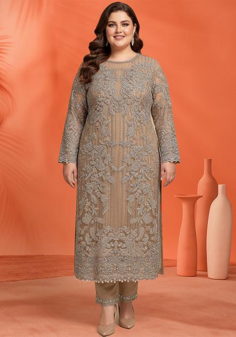 Beige Embroidered Organza Kurta Set