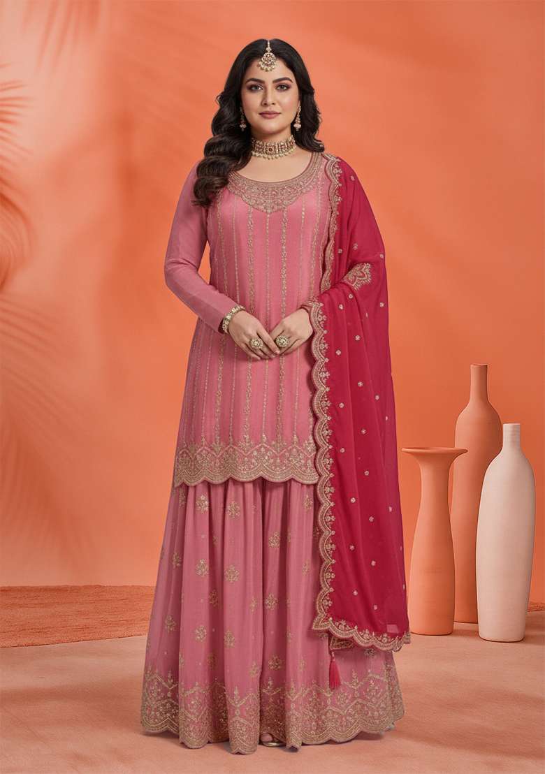 Peach Embroidered Chinon Sharara Set - Indya
