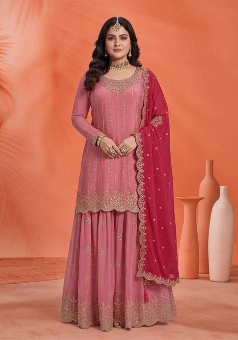 Peach Embroidered chinon Kurta Set