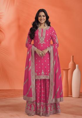 Pink Embroidered Silk Sharara Set