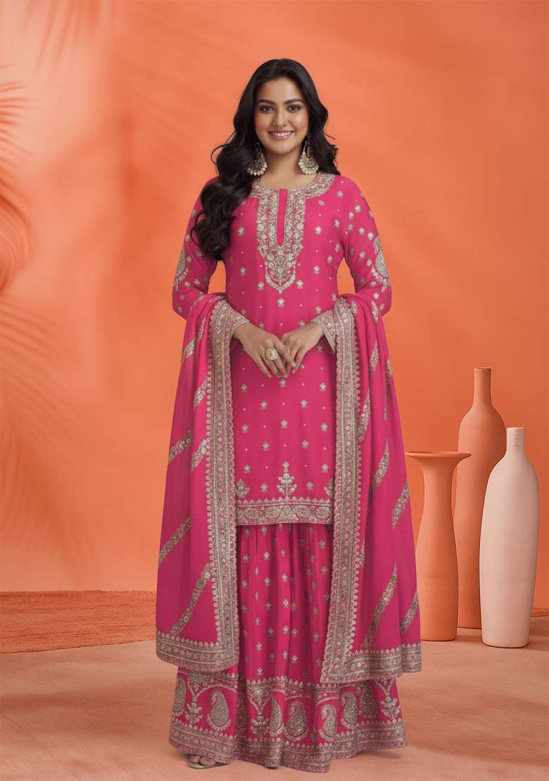 Pink Embroidered Silk Blend Sharara Set - Indya