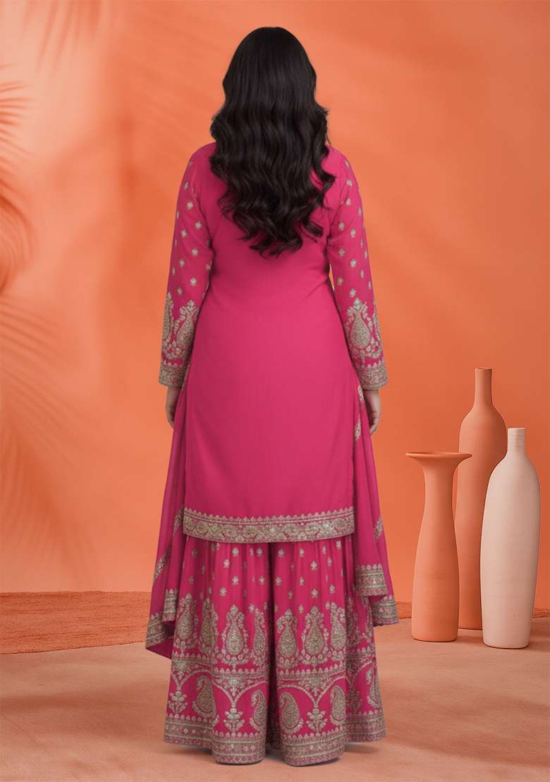 Pink Embroidered Silk Blend Sharara Set - Indya