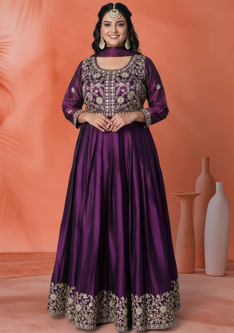 Purple Embroidered Silk Blend Anarkali Set - Indya