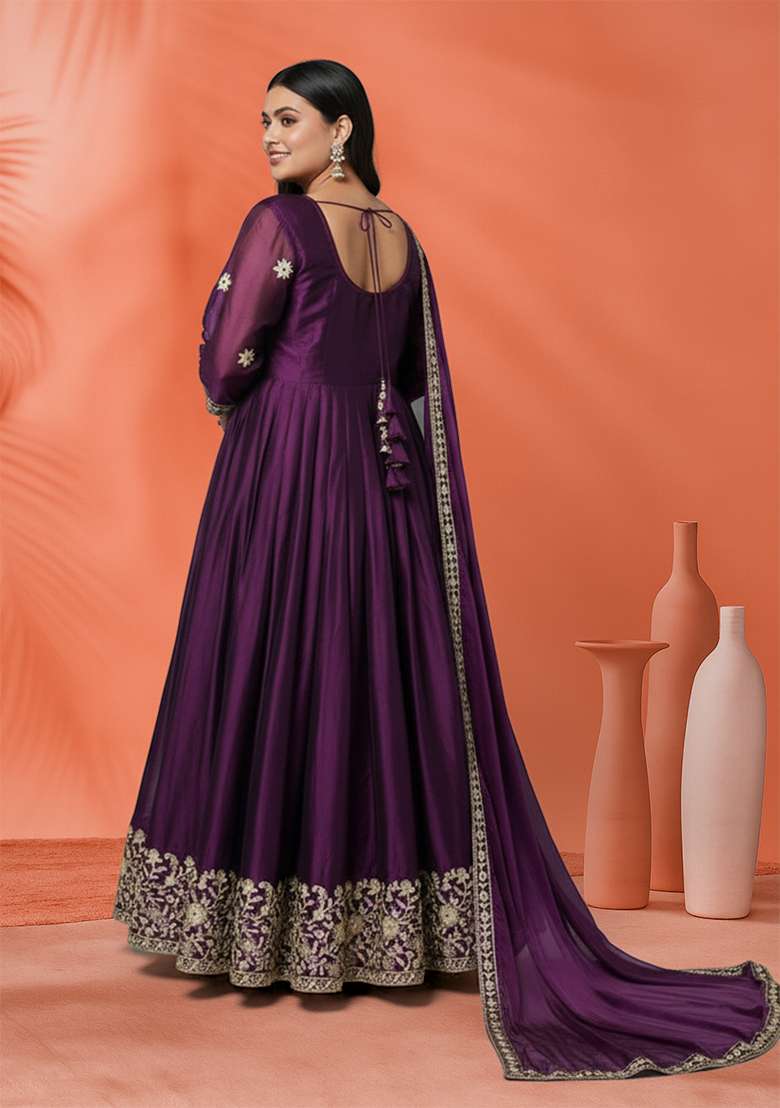 Purple Embroidered Silk Blend Anarkali Set - Indya