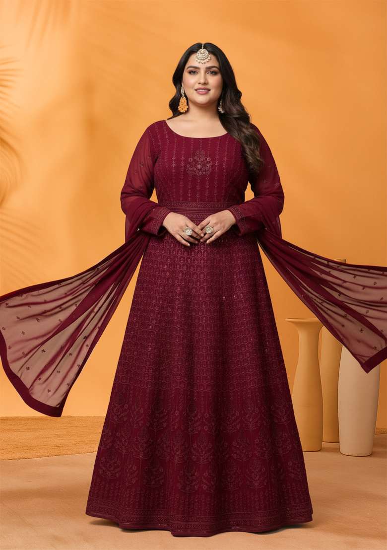 Purple Embroidered Georgette Anarkali Set - Indya