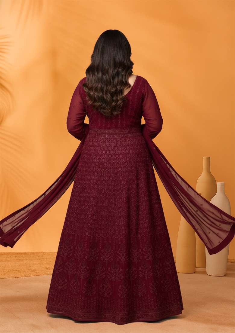 Purple Embroidered Georgette Anarkali Set - Indya