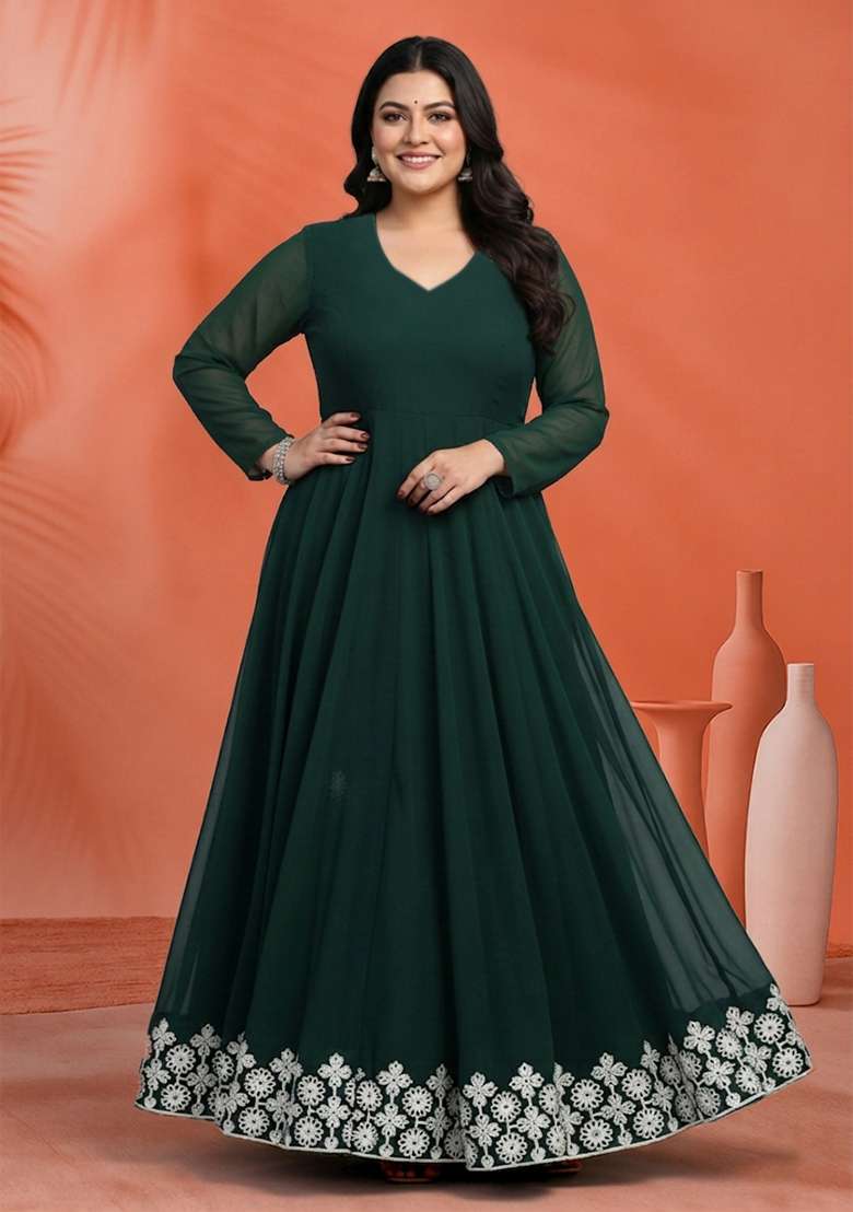 Green Embroidered Georgette Anarkali Set - Indya