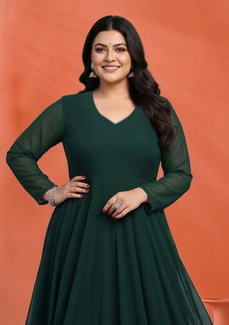 Green Embroidered Georgette Anarkali Set - Indya