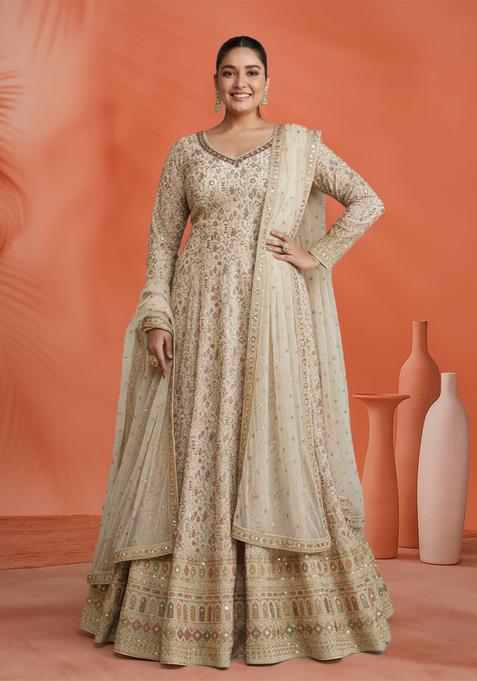 Beige Embroidery Georgette Anarkali Set