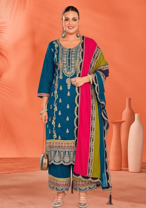 Aqua Blue Embroidery Chinon Kurta Set