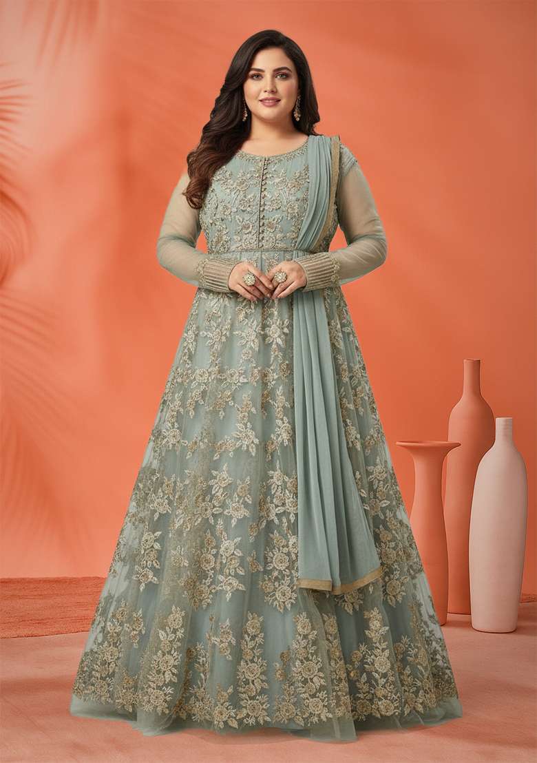 Grey Embroidered Net Kurta Set - Indya