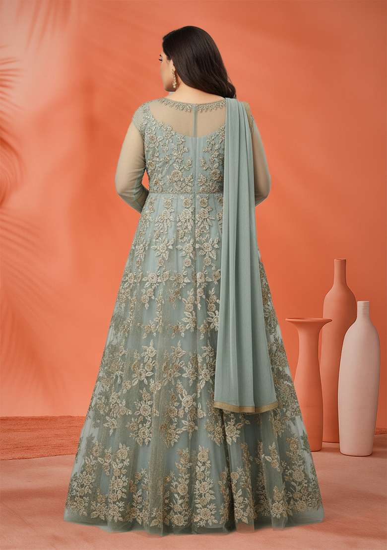 Grey Embroidered Net Kurta Set - Indya