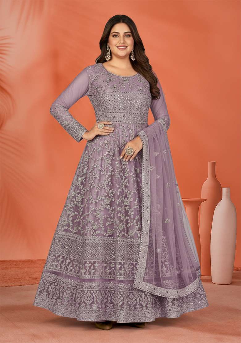 Purple Embroidered Net Kurta Set - Indya