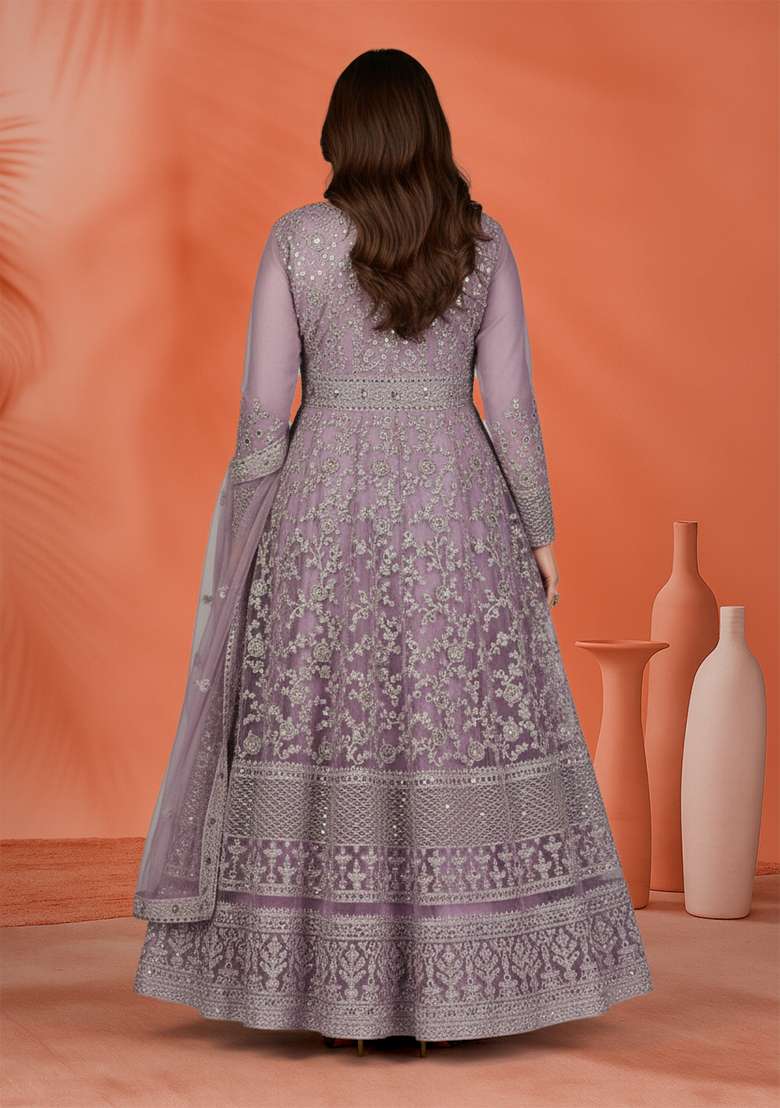 Purple Embroidered Net Kurta Set - Indya