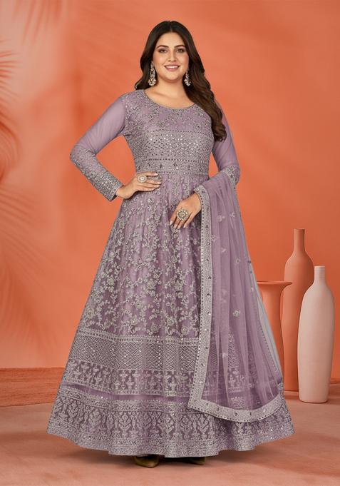 Purple Embroidered Net Kurta Set