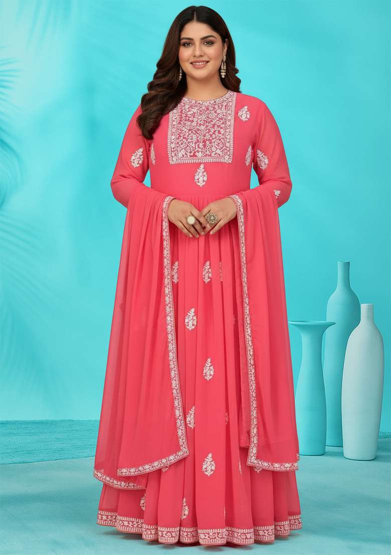 Pink Embroidered Georgette Kurta Set - Indya