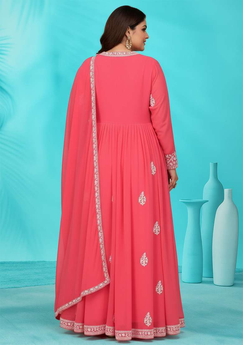 Pink Embroidered Georgette Kurta Set - Indya