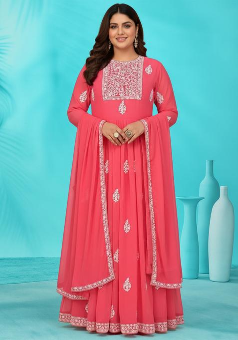 Pink Embroidered Georgette Kurta Set