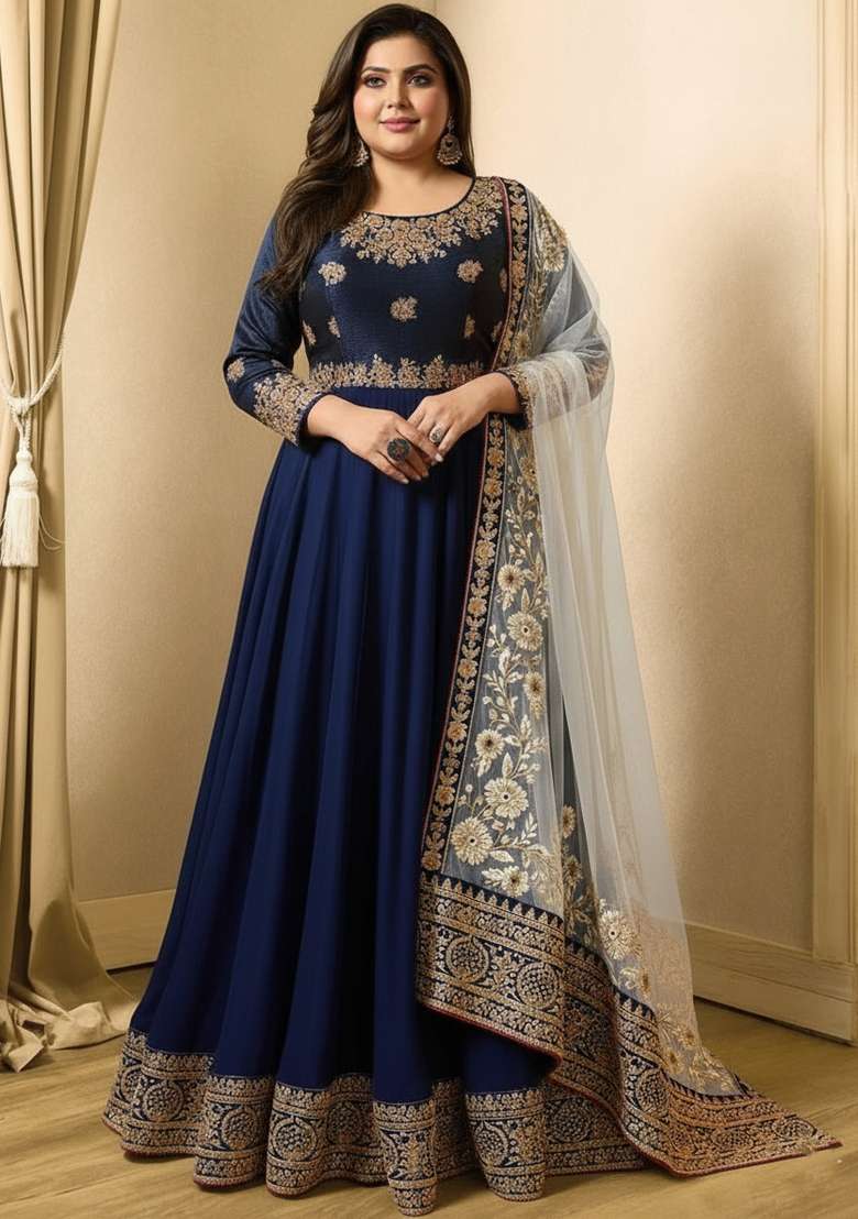 Blue Embroidered Georgette Kurta Set - Indya