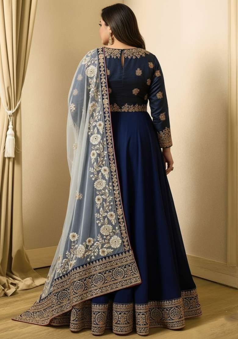 Blue Embroidered Georgette Kurta Set - Indya