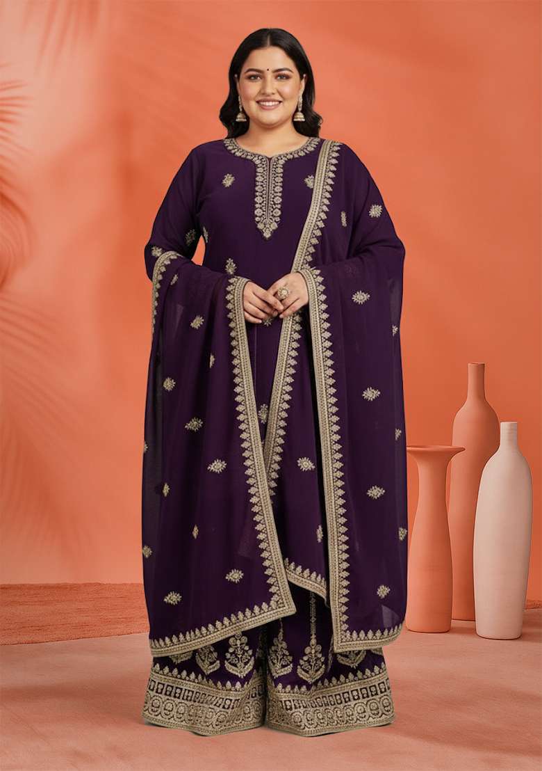 Purple Embroidered Georgette Sharara Set - Indya